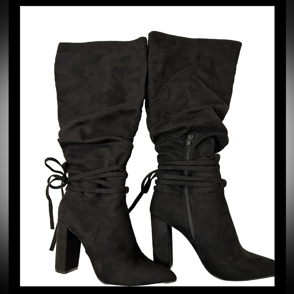 Aisha-Slouchy Lace Up Boot-Shoedazzle-Black-Faux Suede-Women’s 9.5-Preowned-OB.
